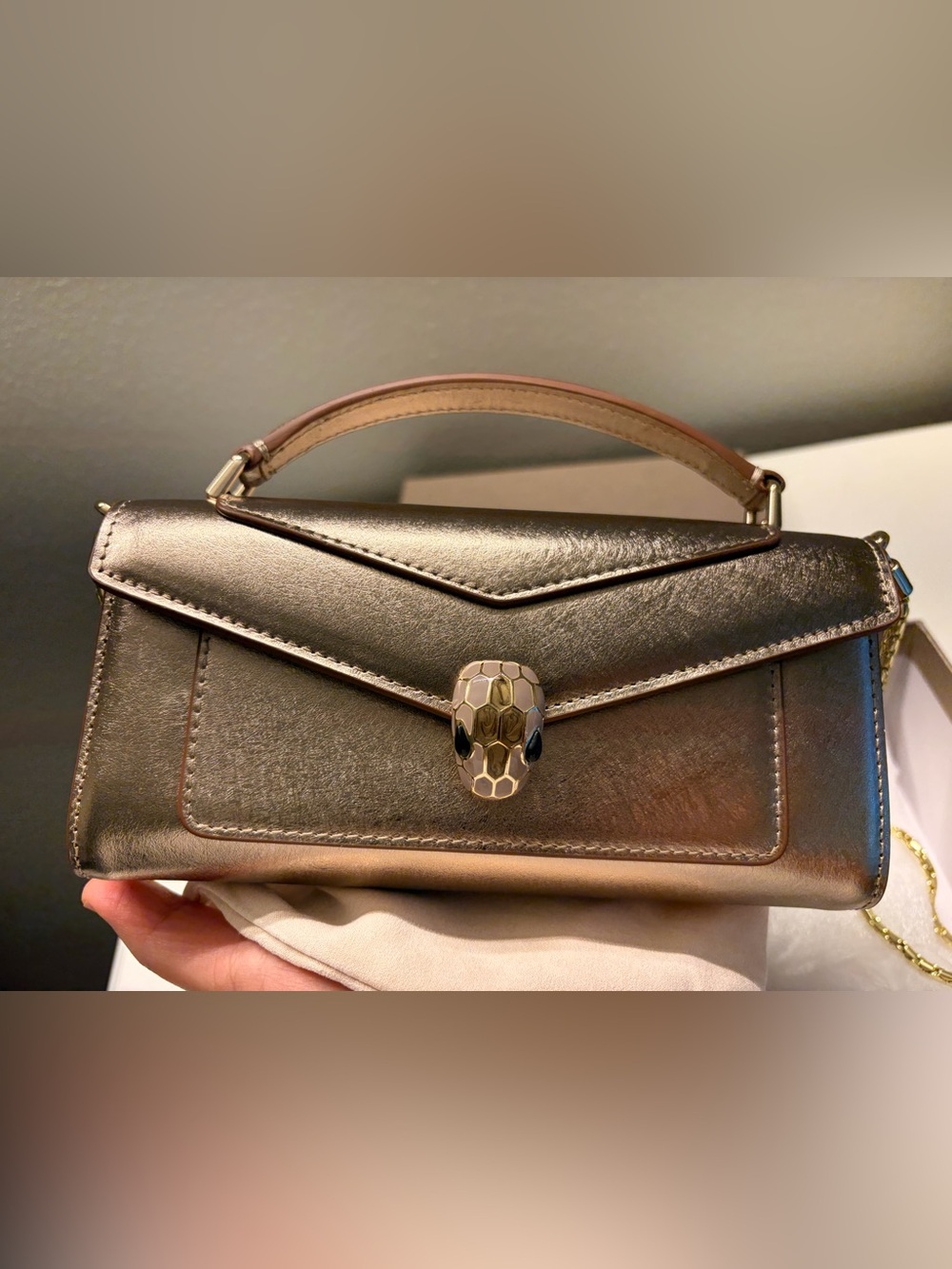 Unused Bulgari Serpenti Forever Chain crossbody Light Gold with dust bag & box